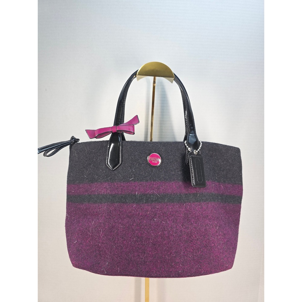 Coach Taylor Wool Stripe Tote Bag Grey Purple Patent Leather F24786